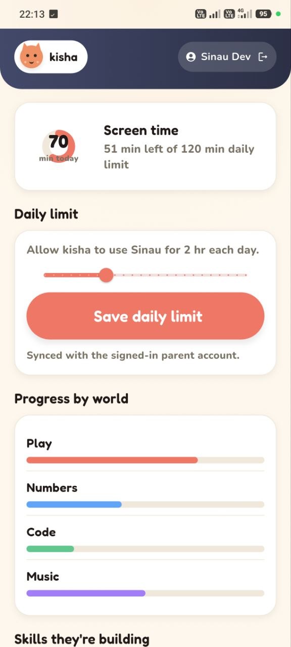Sinau parent dashboard screen
